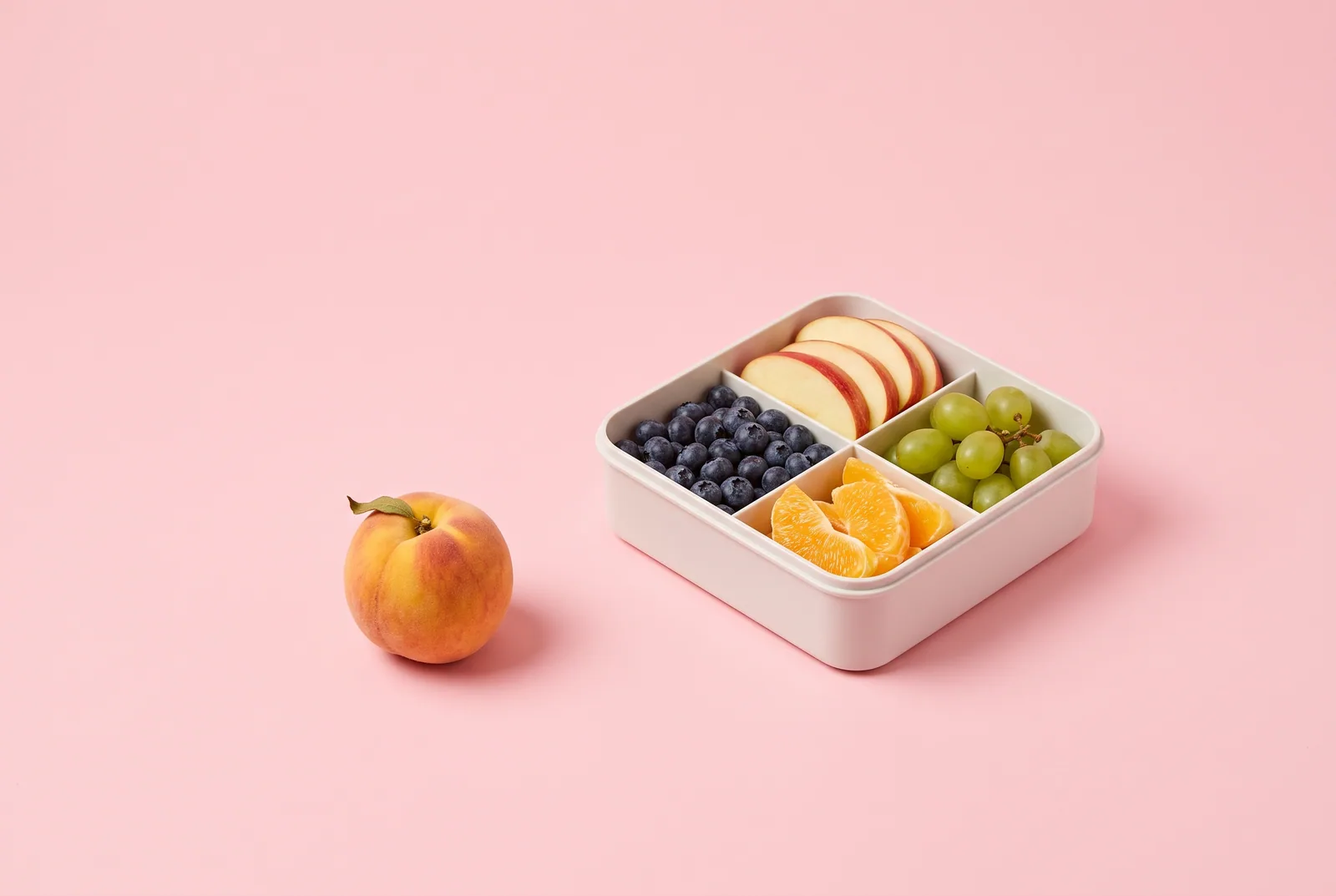 A bento box of wholesome fruit with a peach left outside, building a clean custom feed to block NSFW on Reddit