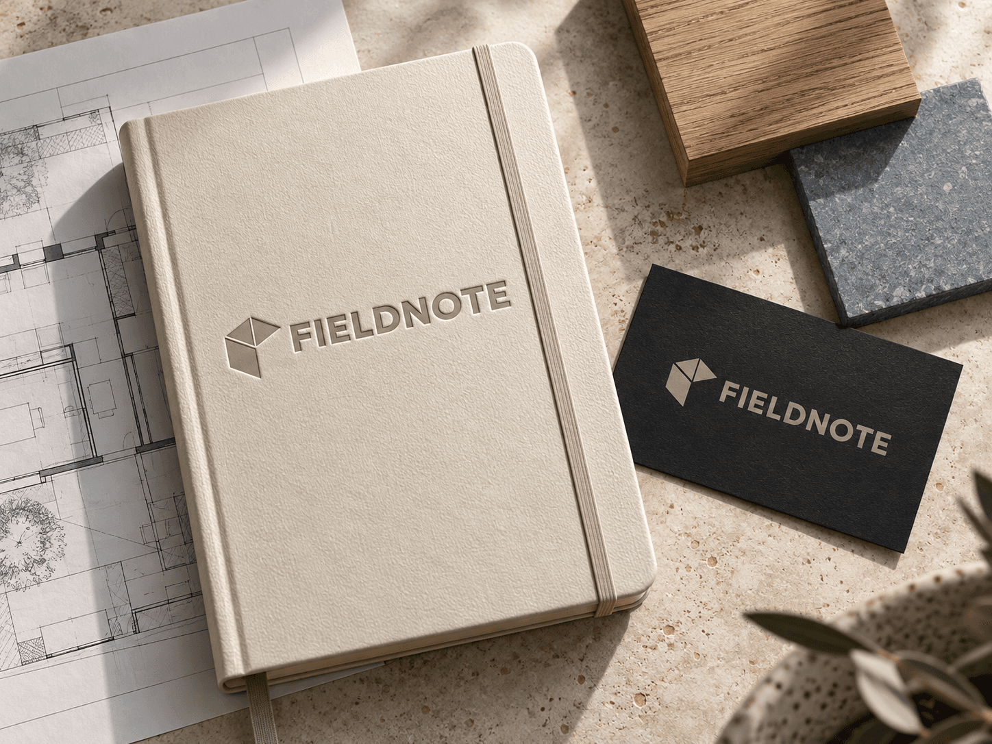 Fieldnote Studio notebook and business cards alongside architectural materials