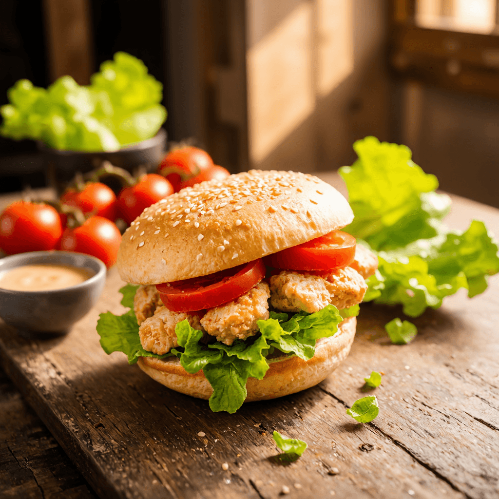 product photography of a sandwich filled with shredded chicken, lettuce, and tomato, served in a sesame seed bun