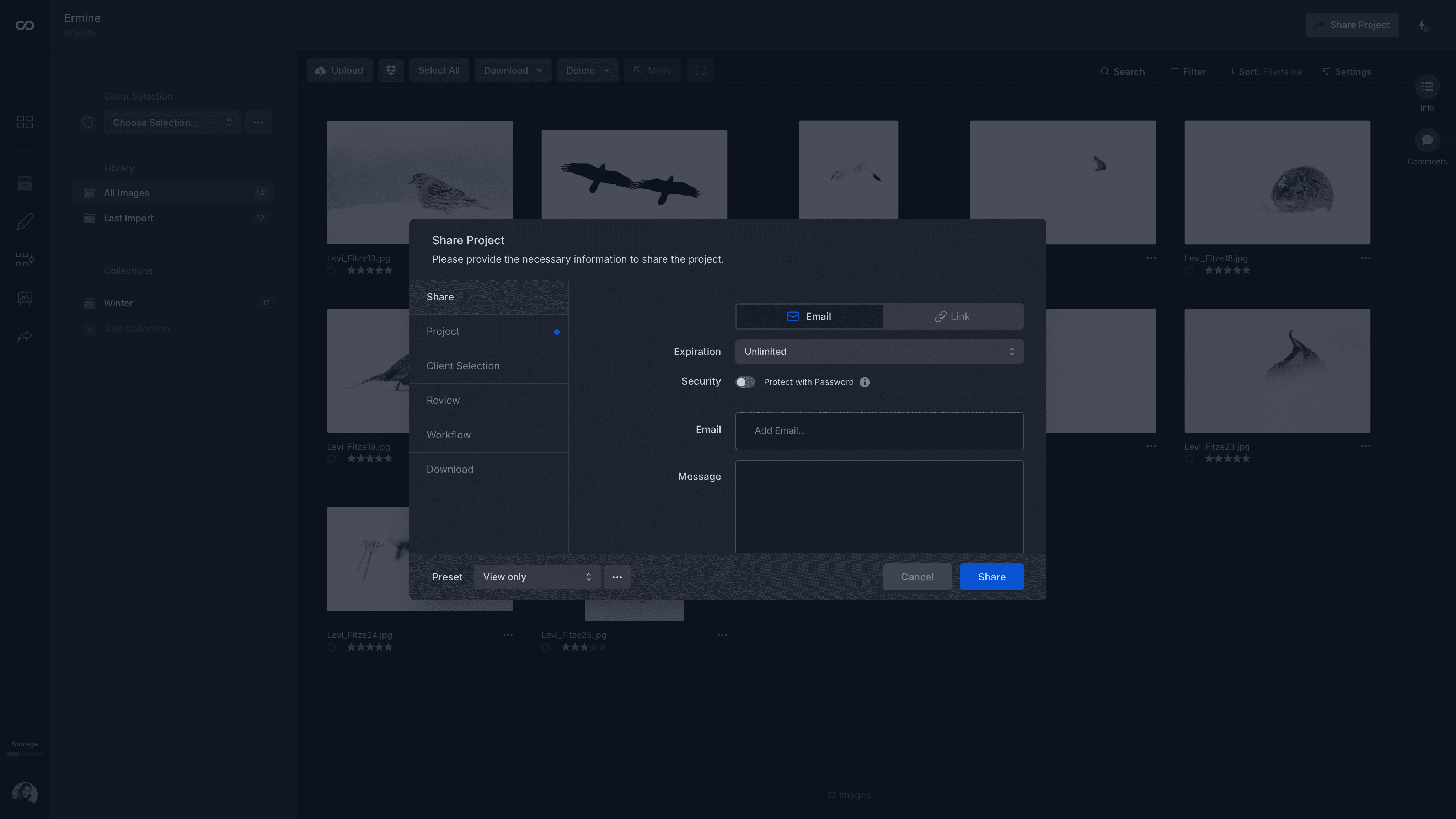 The moodcase Share Project dialog open over a photographer's library.