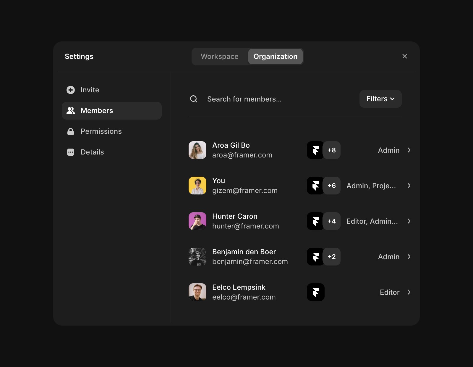 设置中的组织标签页