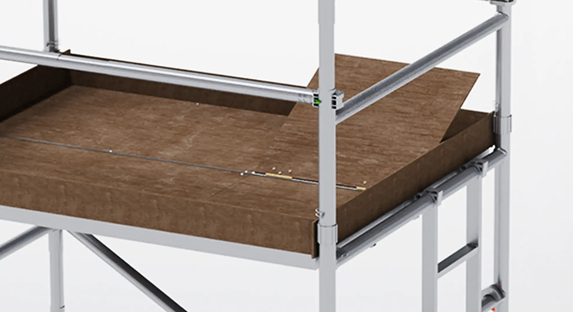 3D renderis, vaizduojantis pastolių darbo platformos detalumą ir tekstūras, sukurta Renderiai.