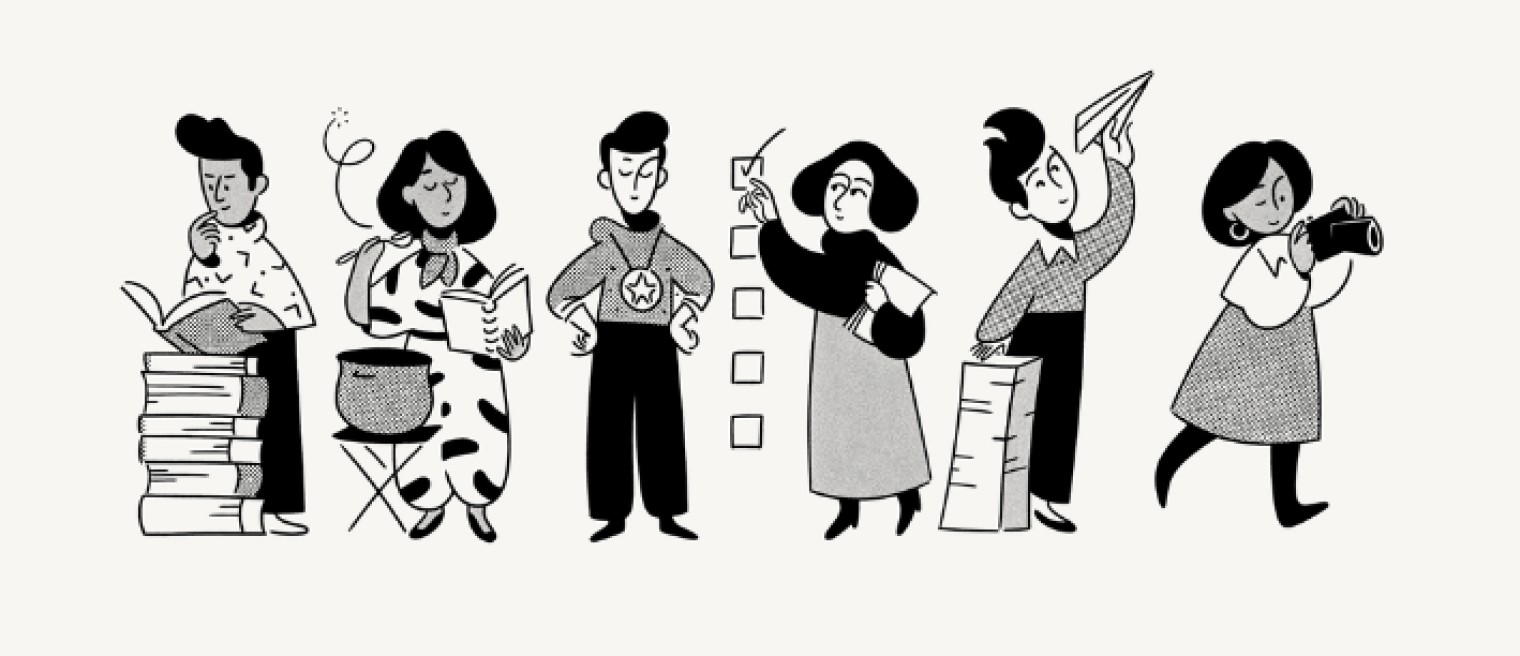 Illustration of five diverse characters standing in a row holding books, a checklist, a paper airplane, and a camera, representing collaboration and varied roles at Notion.