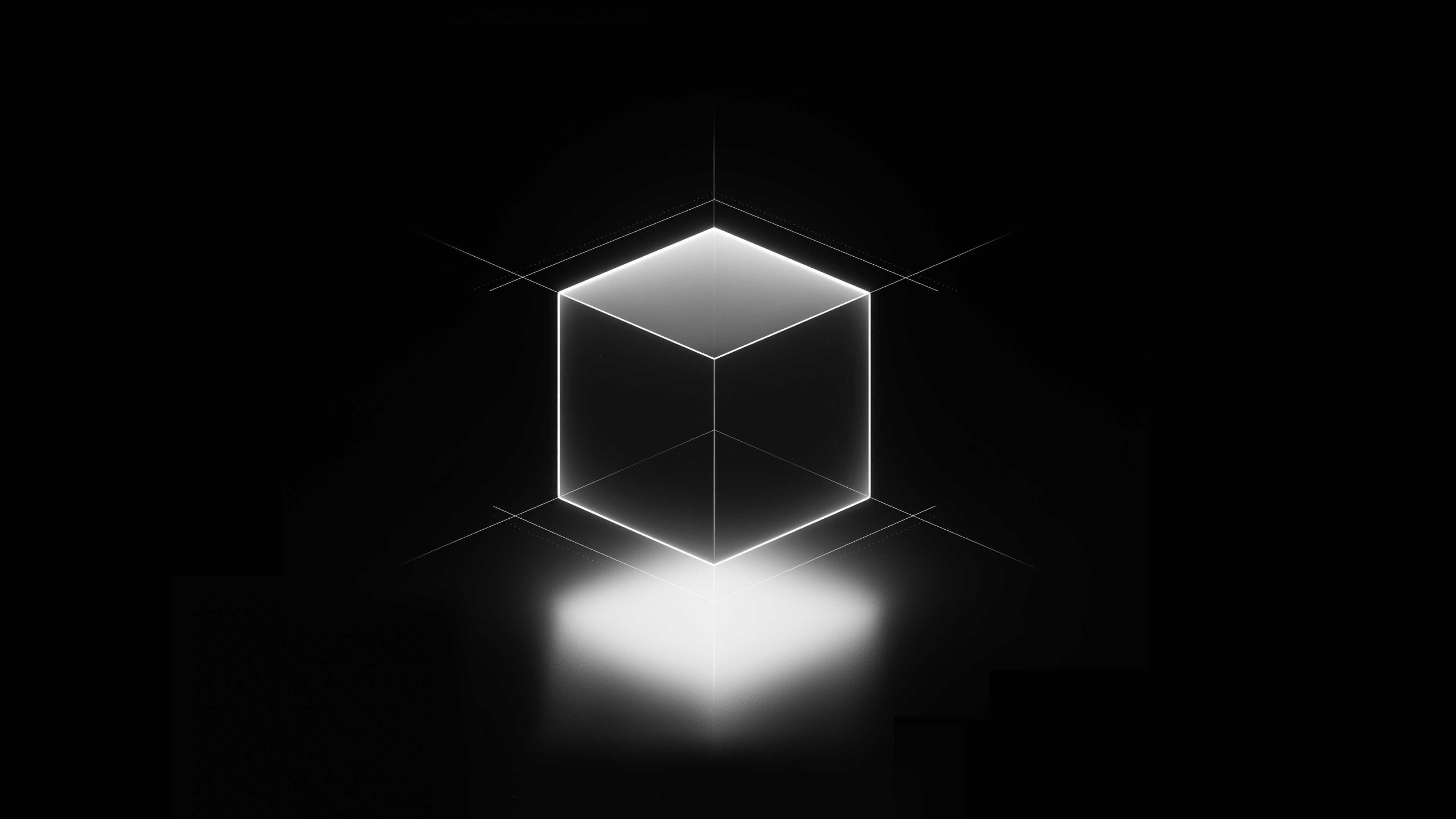 Glowing transparent cube floating in a dark space