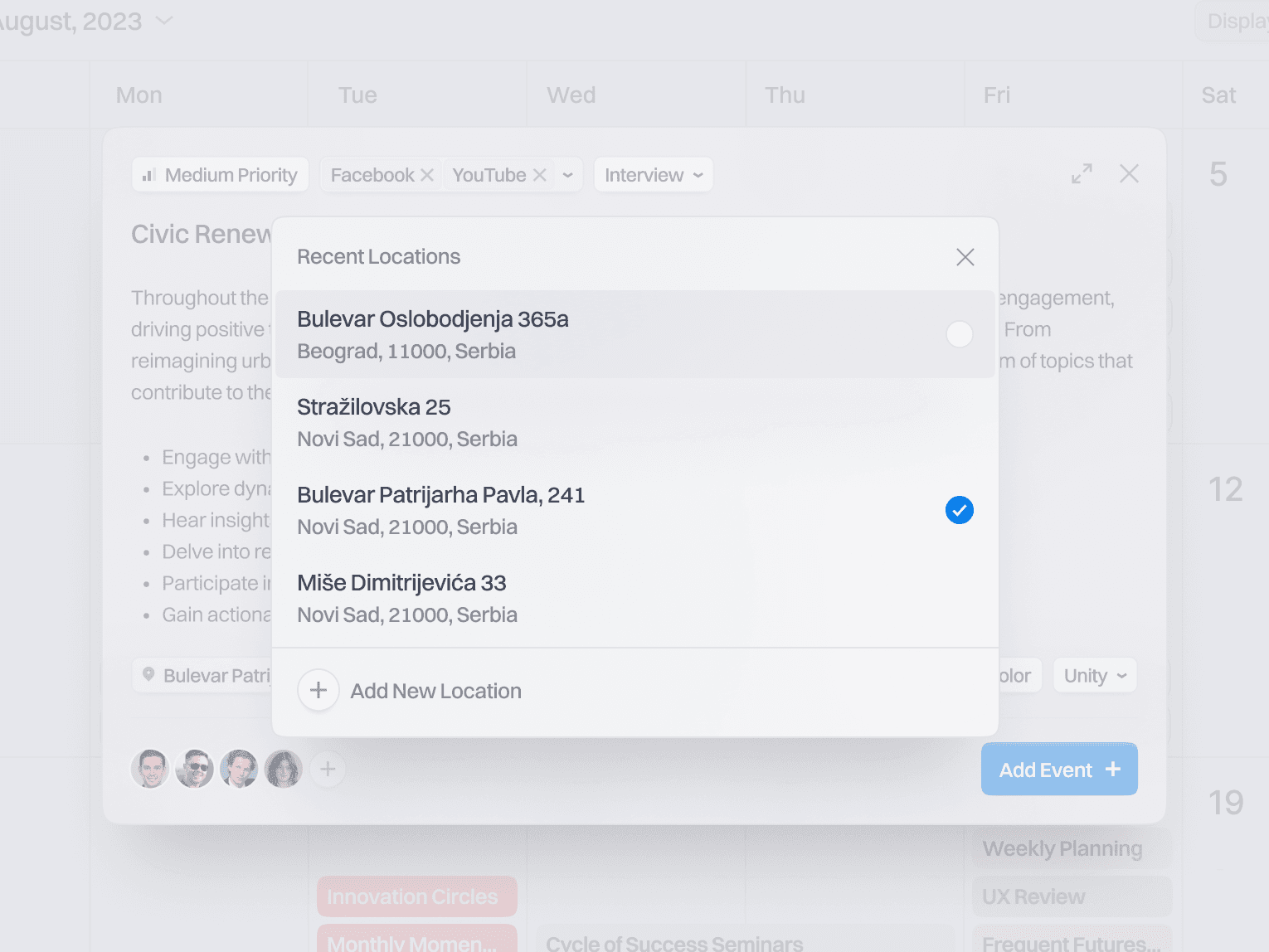 planbeacon event creation ui addres selection