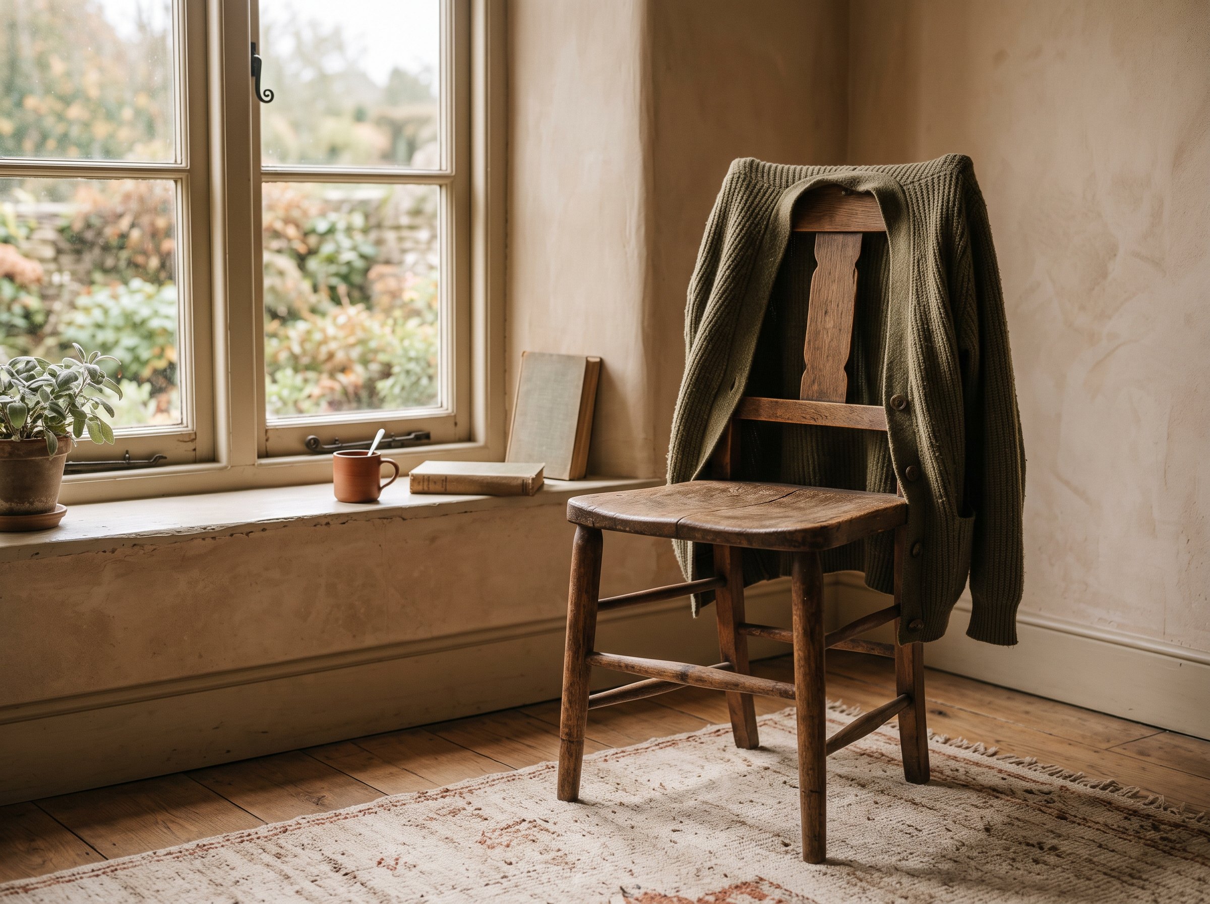 A wool cardigan draped over a wooden chair by a window