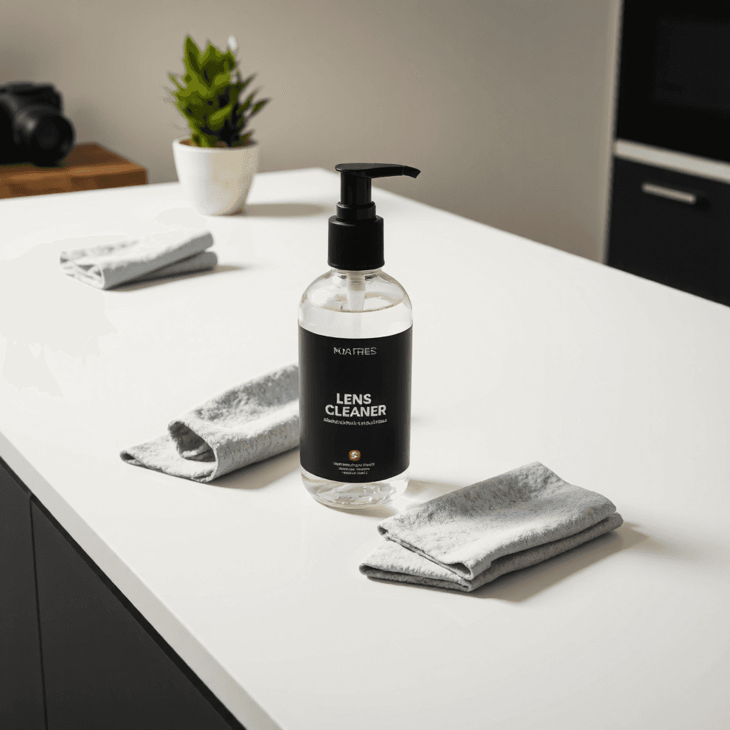 product photography of bottle of lens cleaner