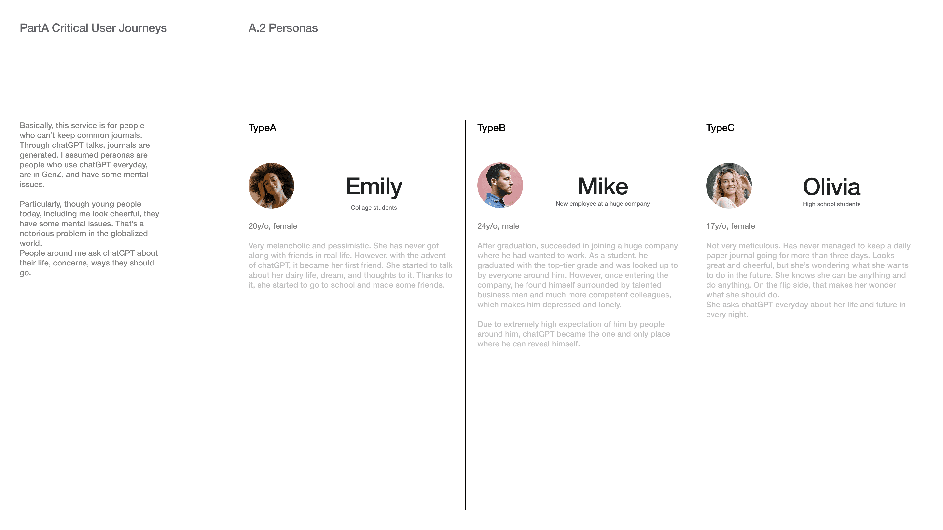 Basically, this service is for people who can’t keep common journals. Through chatGPT talks, journals are generated. I assumed personas are people who use chatGPT everyday, are in GenZ, and have some mental issues.  Particularly, though young people today, including me look cheerful, they have some mental issues. That’s a notorious problem in the globalized world. People around me ask chatGPT about their life, concerns, ways they should go.