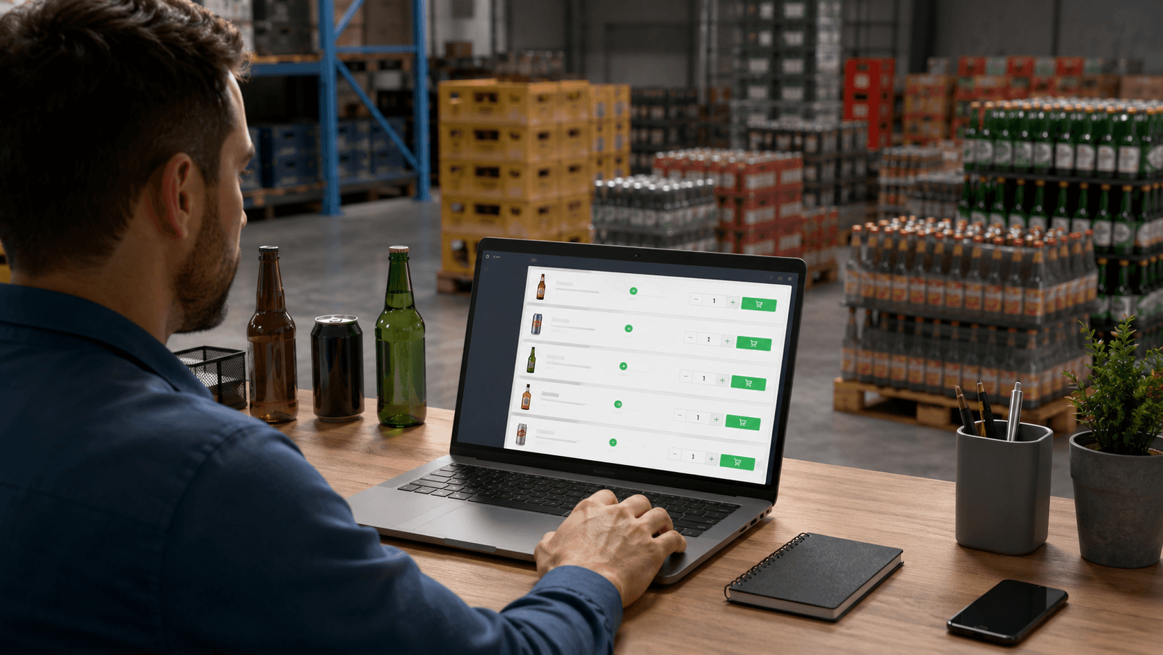 Distribuidor de bebidas utilizando um portal digital de vendas em um ambiente de centro de distribuição moderno. Em primeiro plano, um computador exibe uma interface de pedidos B2B com diferentes bebidas sendo adicionadas ao carrinho em quantidades variadas, representando fracionamento de caixas e regras de compra. Ao redor, pallets organizados com refrigerantes, cervejas, águas e bebidas sazonais mostram um mix diversificado de produtos. O cenário transmite automação comercial, gestão de pedidos e controle de estoque de forma visual, sem uso de planilhas. Estilo realista 3D, iluminação profissional, ambiente corporativo e logístico moderno, formato horizontal 16:9, sem textos ou elementos gráficos sobrepostos.