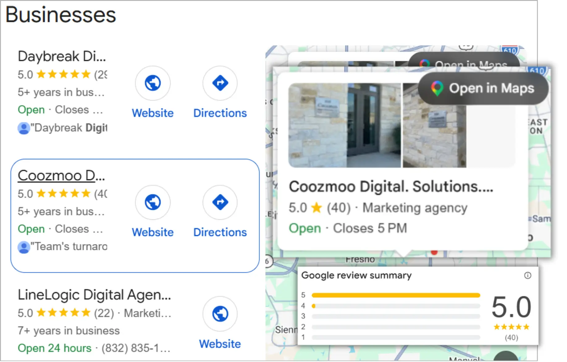 Google local search results featuring a business profile, map location, and a review summary.