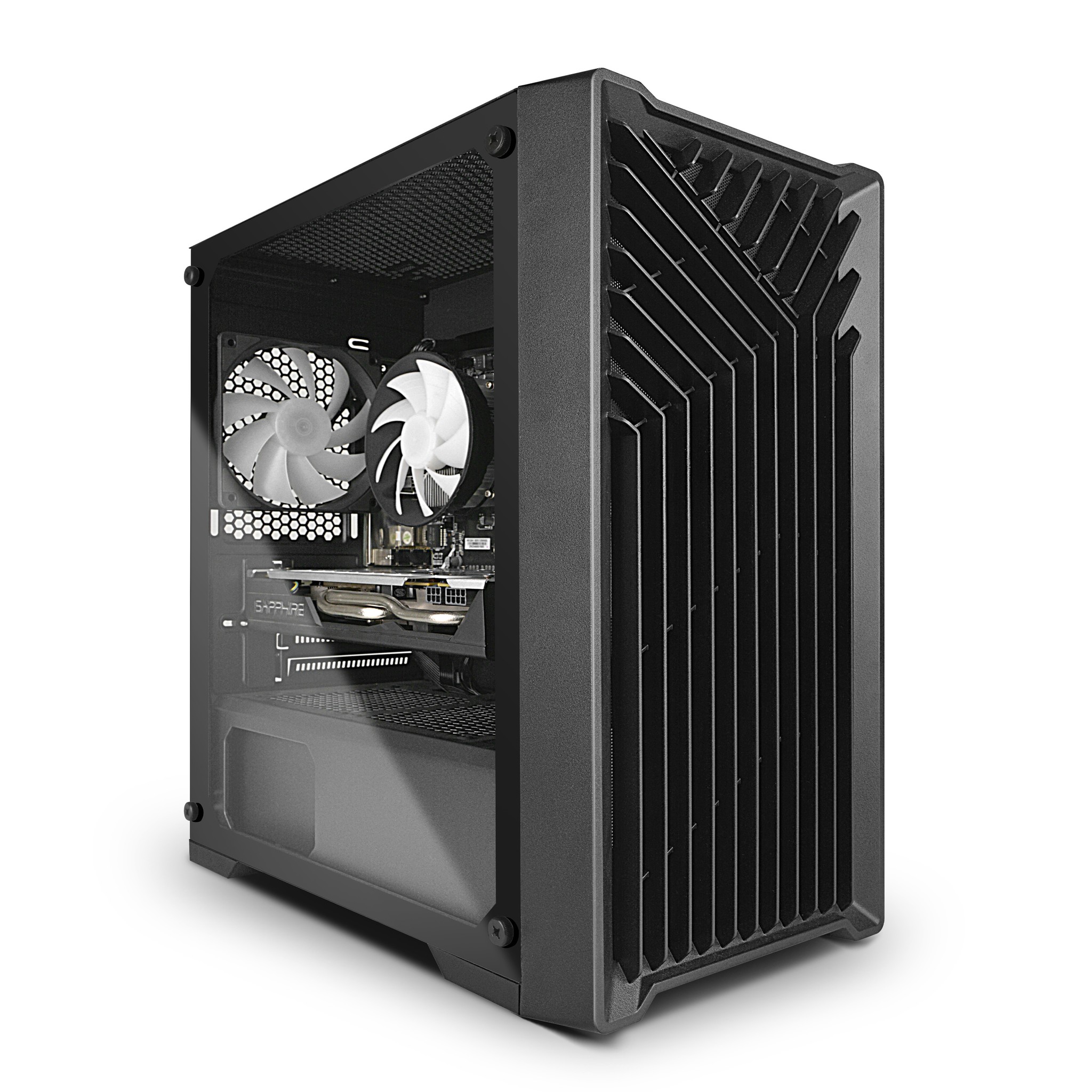 Black gaming PC case with a sleek front panel featuring angled ventilation design and a tempered glass side panel displaying internal components. Equipped with dual white cooling fans and a graphics card for optimal gaming performance. Ideal for gaming builds and enthusiasts.