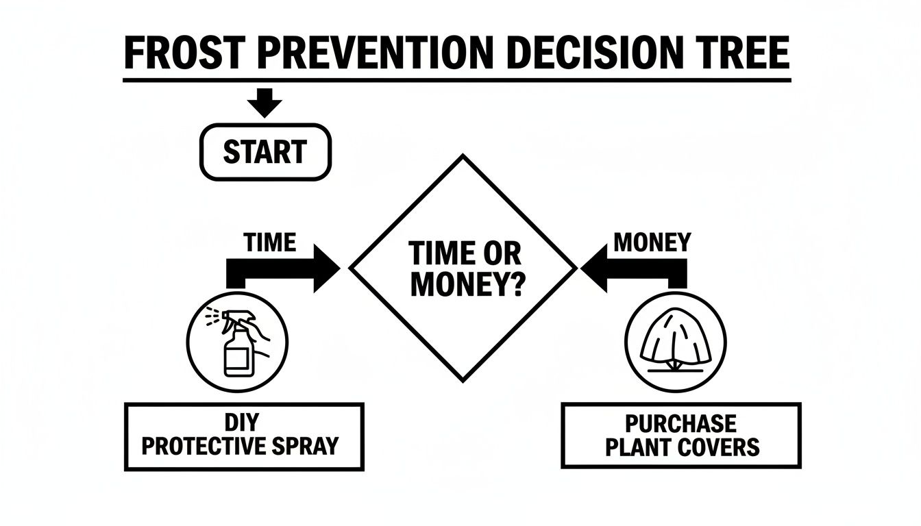 A frost prevention decision tree flowchart: start, choose time or money, then DIY spray or purchase plant covers.