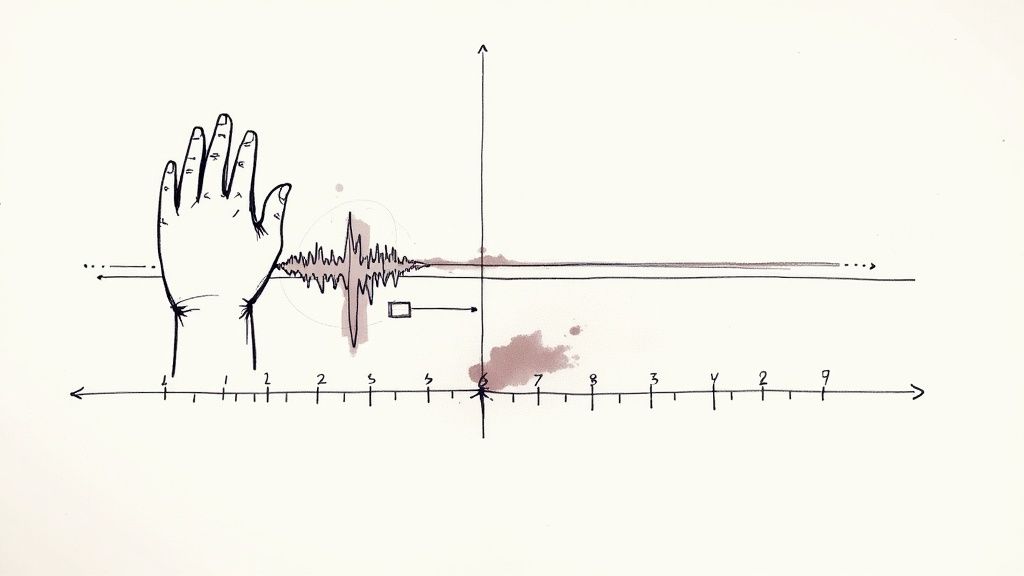 Conceptual drawing showing a hand connected to a waveform on a timeline with axes and red splatters.