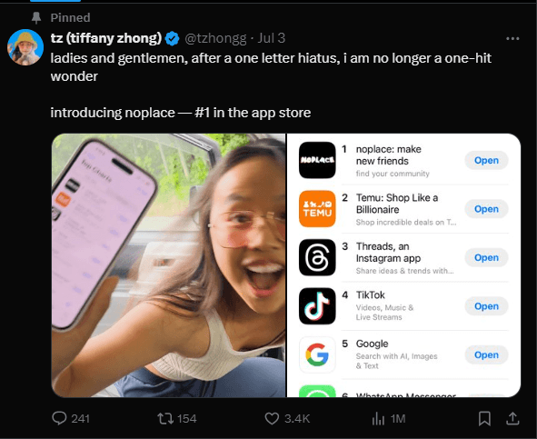 A screenshot of Tiffany Zhong pinned Tweet announcing “Noplace.” 