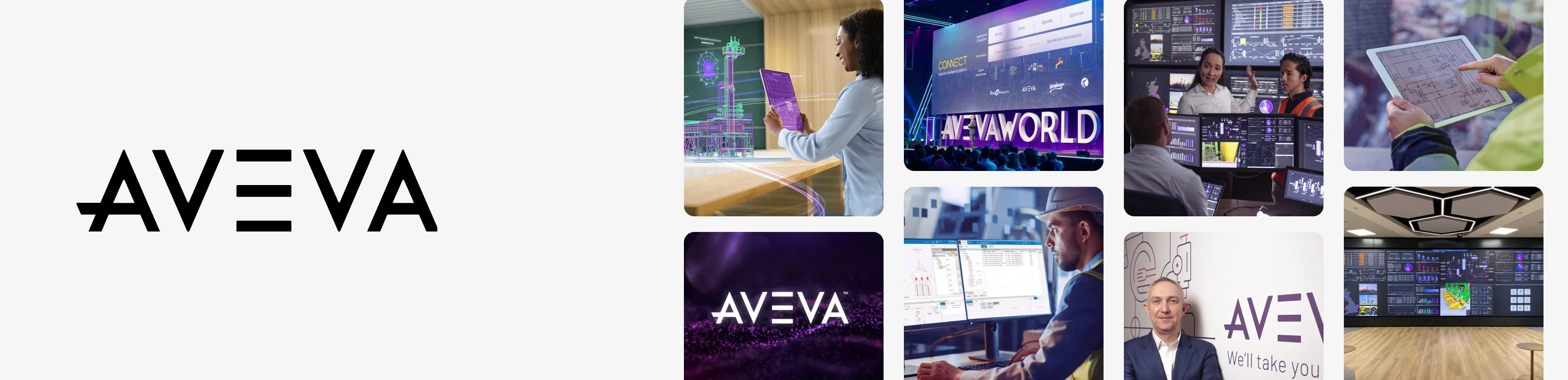 AVEVA logo beside images of process plant engineering software, operations control room displays and industrial data dashboards.
