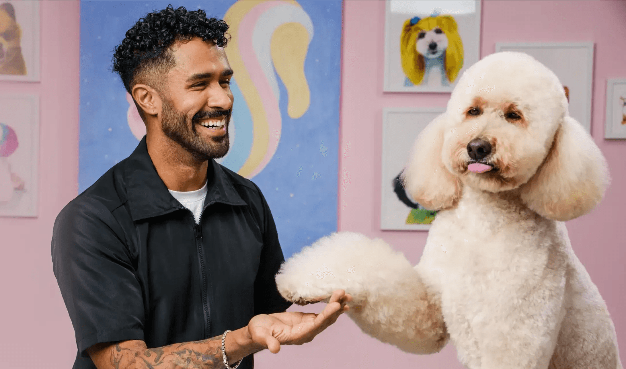 Smiling groomer shaking paws with a cream-colored dog at MIMO La Jolla.
