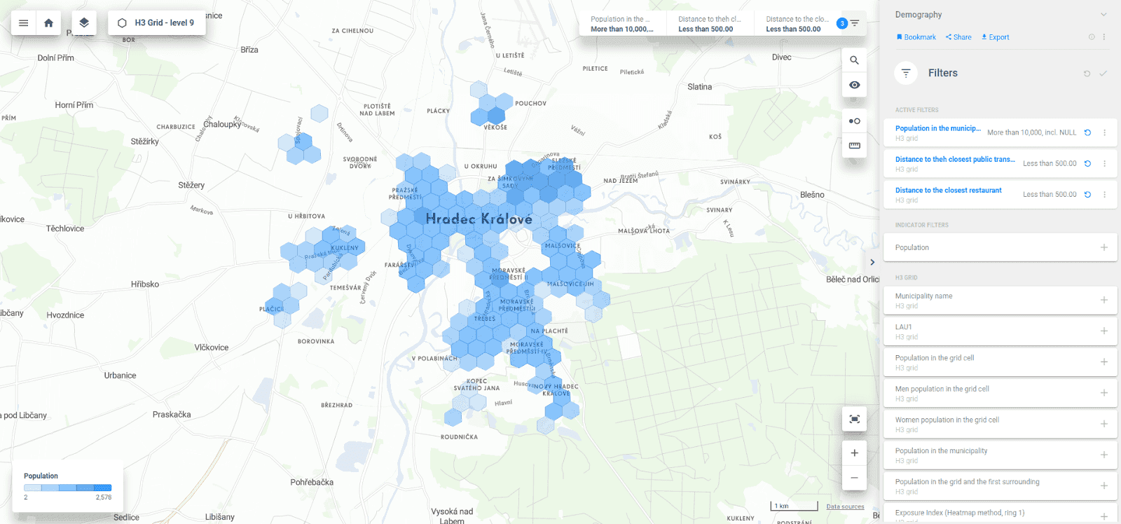 Fig. 4 Potential selected locations in Hradec Králové based on population in the grid cell.