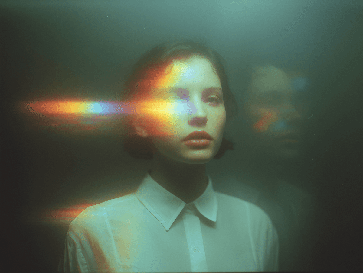 A woman in a white shirt stands in soft, ethereal lighting with prismatic light streaks across her face. The mood is dreamy and contemplative.