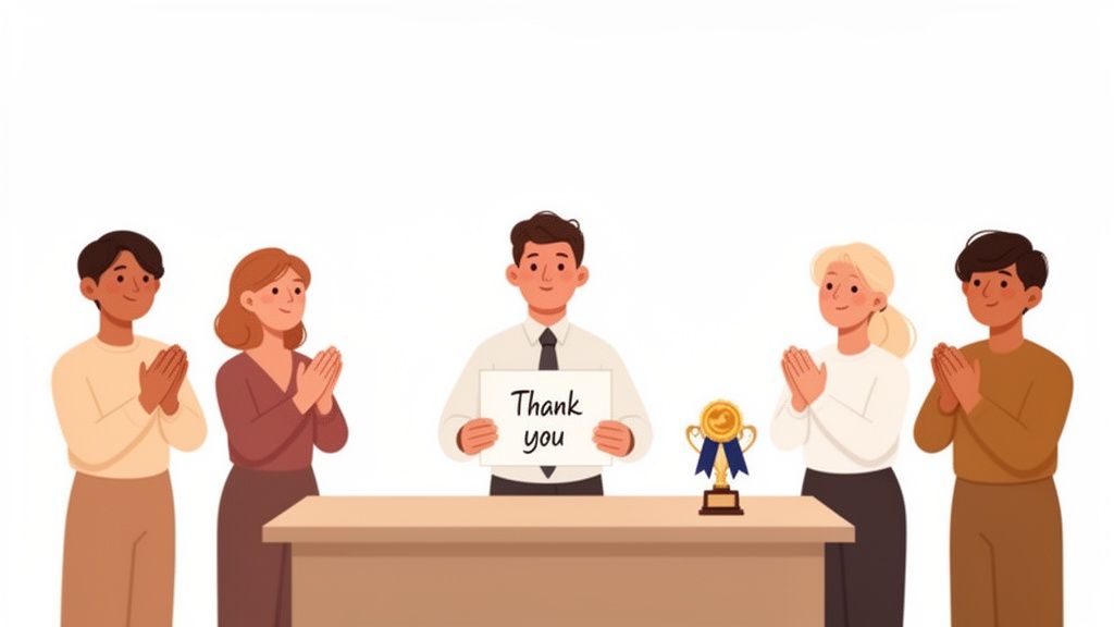 A diverse group of employees showing appreciation, with one holding a 'Thank you' sign and a trophy.