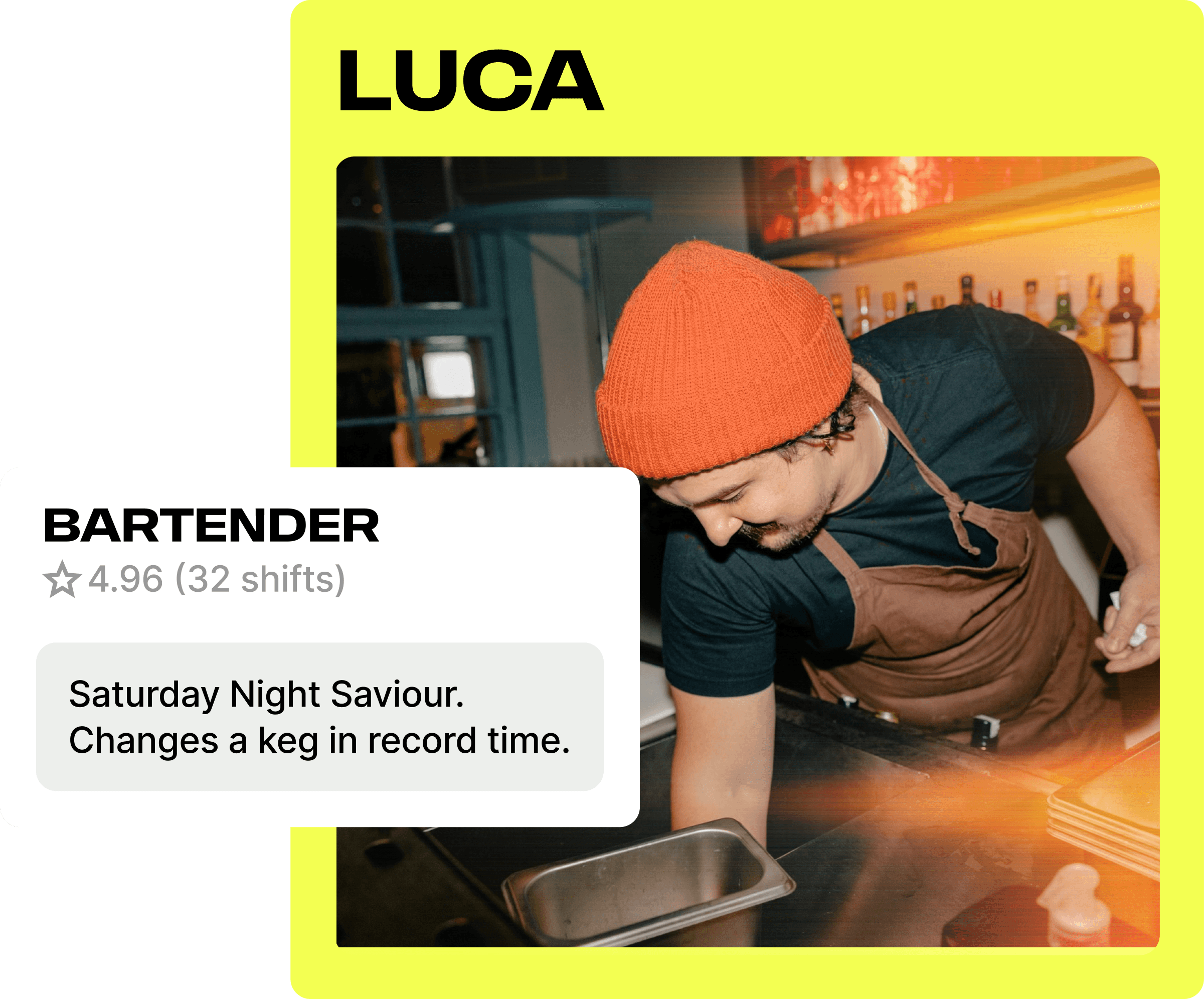 Profile card for Luca, a bartender rated 4.96 across 32 shifts