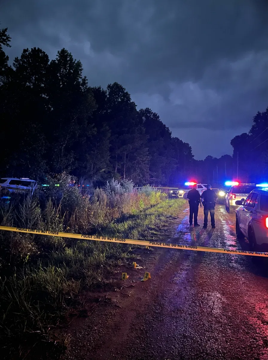 Night time police crime scene in rural Mississippi illuminated by patrol car lights
