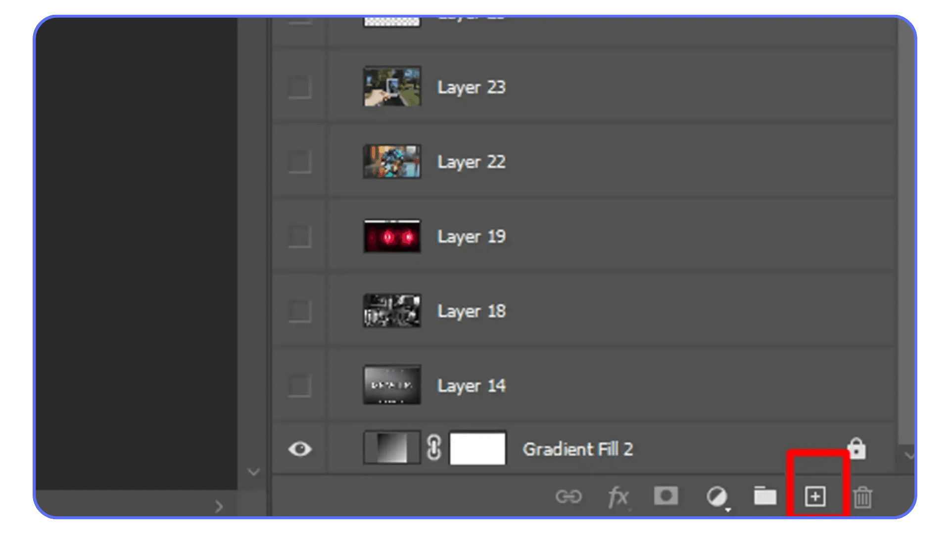 Photoshop Layers panel showing multiple layers and the Create New Layer button highlighted at the bottom.