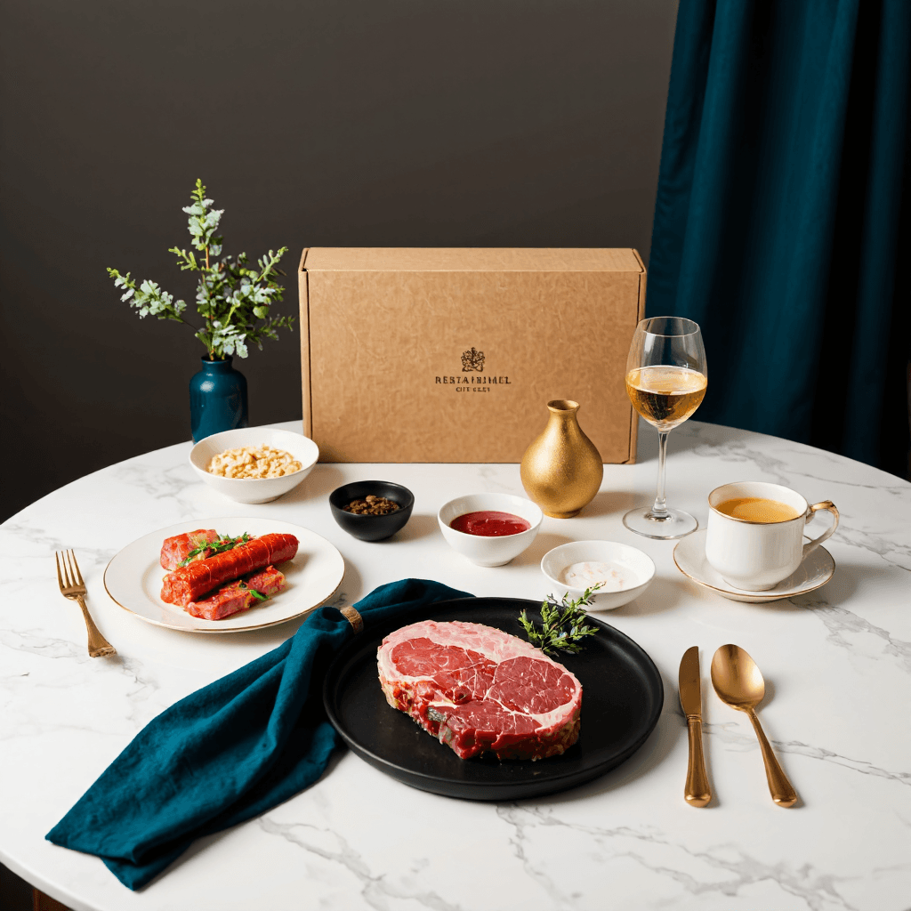 product photography of a gift set of premium meat