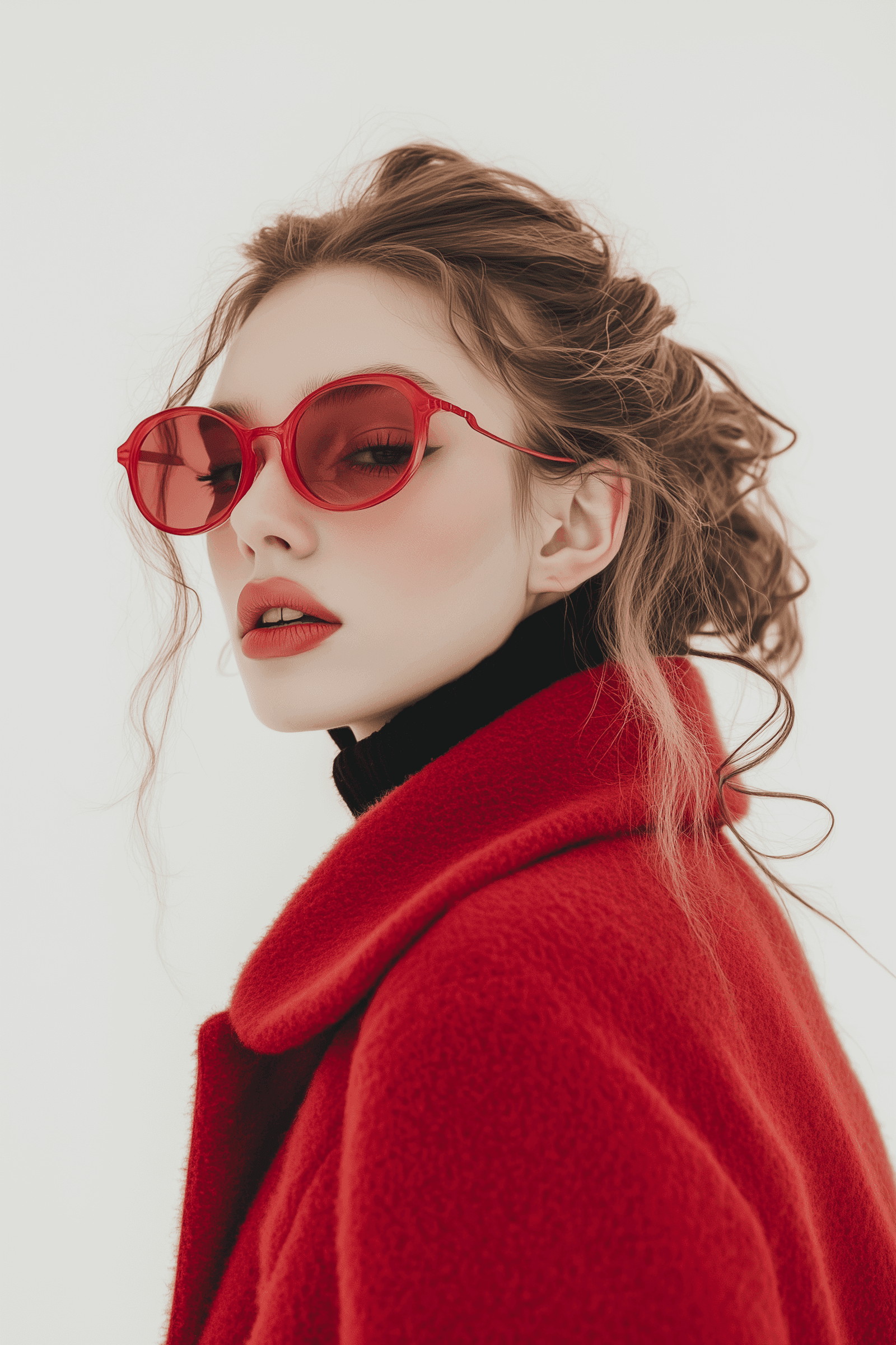 Woman in red sunglasses with wavy hair against white background
