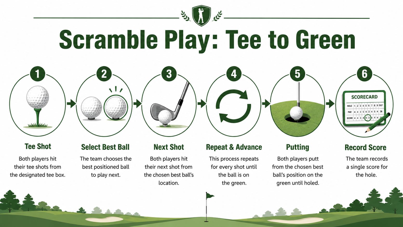 An infographic detailing the six steps of playing a two-man scramble golf game from tee to green.