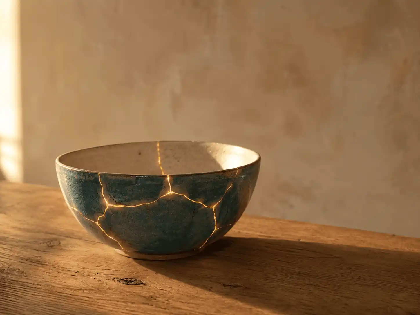 A teal ceramic bowl mended with gold kintsugi seams, resting on a warm wooden table