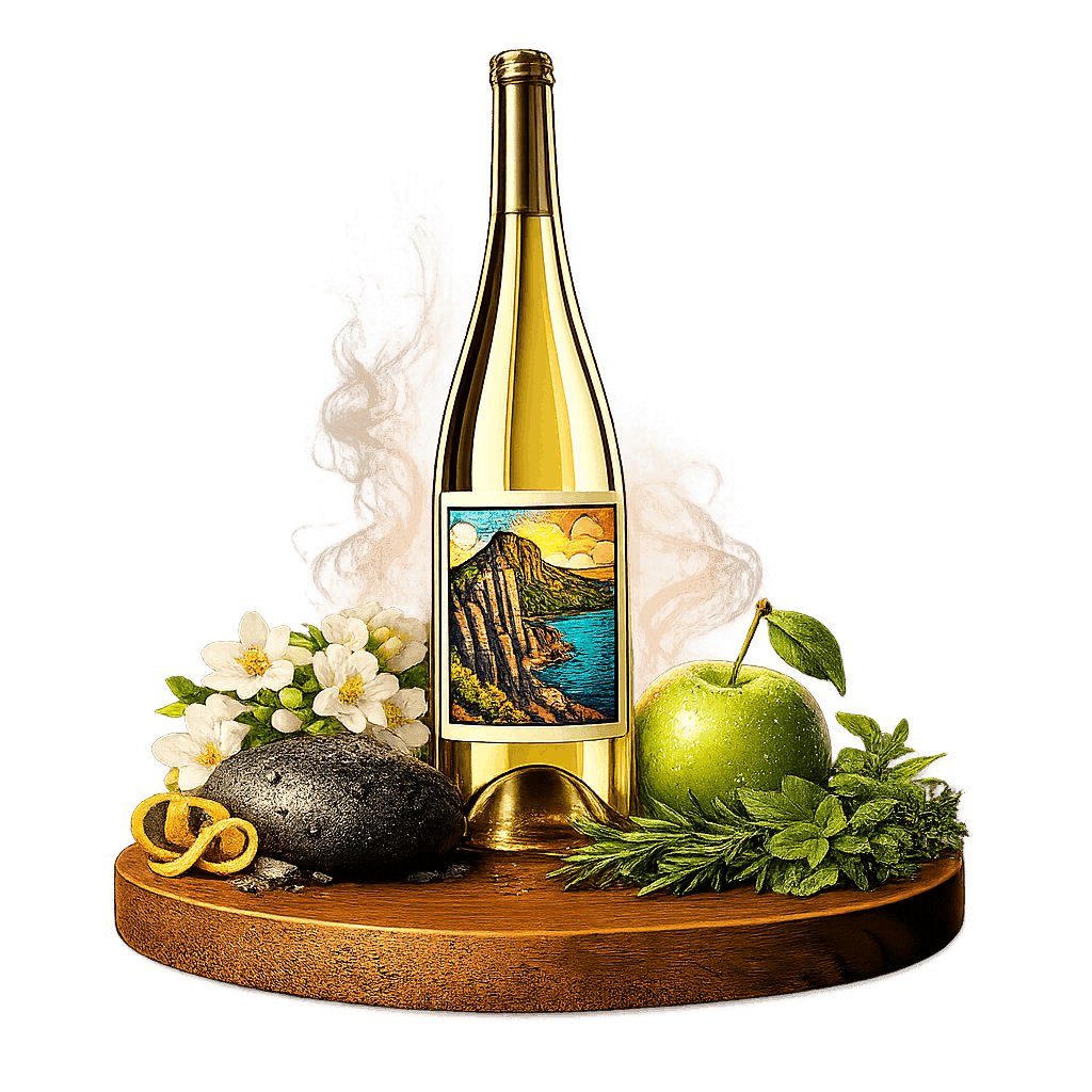 Artistic label and flavor profile for Hungarian Kéknyelű on a rustic wooden table.