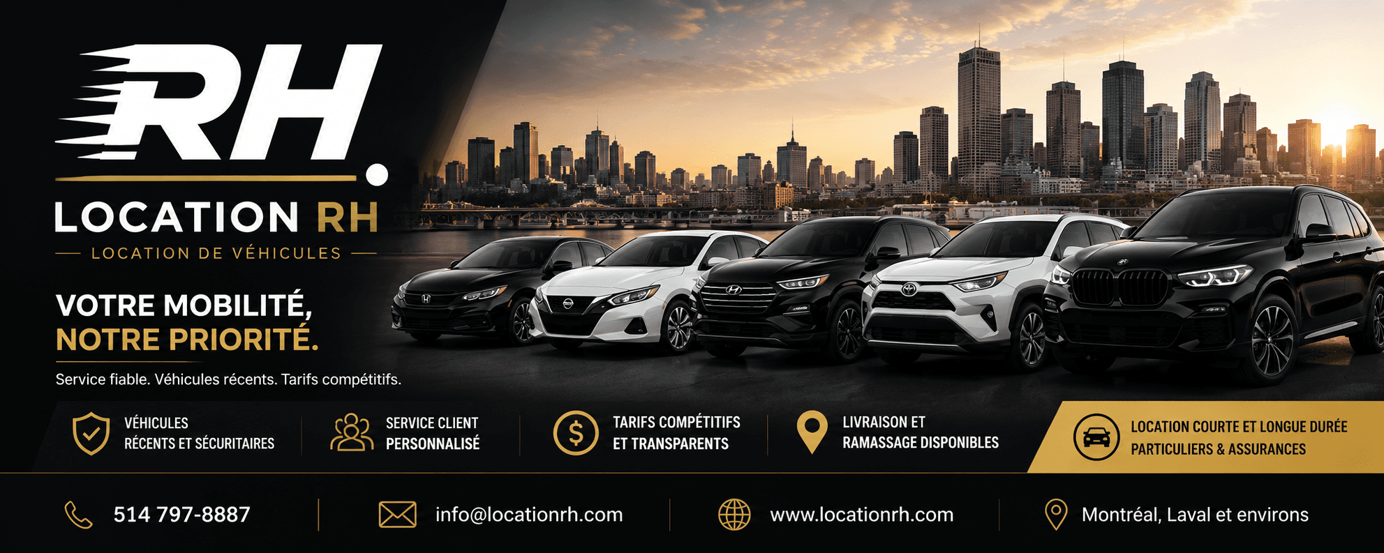 Location RH banner featuring its insurance replacement vehicle fleet and Montreal skyline.