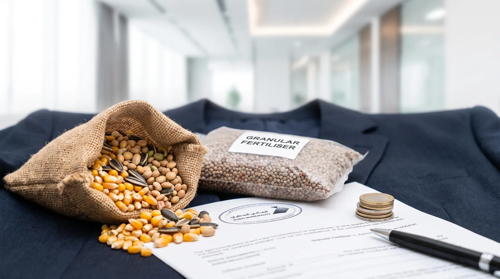 Agricultural Seeds and Fertilisers License in Dubai beside an itemised cost breakdown and a calculator