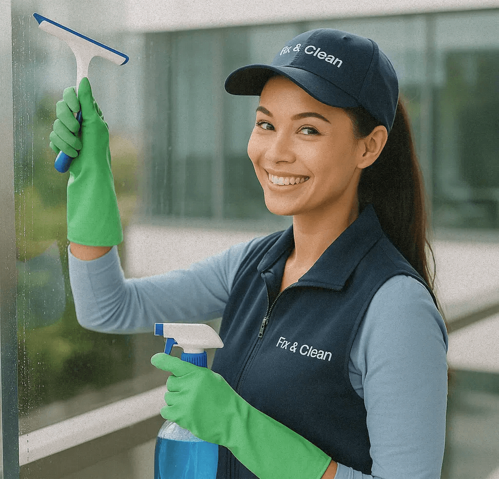 Freundliche Reinigungskraft bei der professionellen Glasreinigung – streifenfreie Fenster für klare Sicht