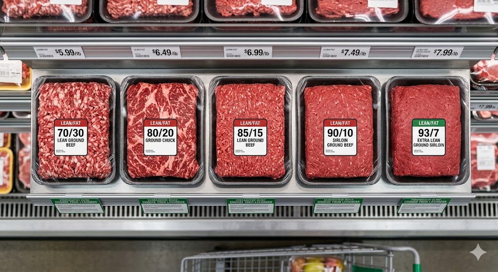 A professional supermarket photograph from a top-down perspective, displaying five distinct packages of ground beef neatly arranged on a refrigerated shelf, with labels showing percentages: 70/30, 80/20, 85/15, 90/10, and 93/7. A nutritional chart on the packaging helps customers compare leanness and fat content.