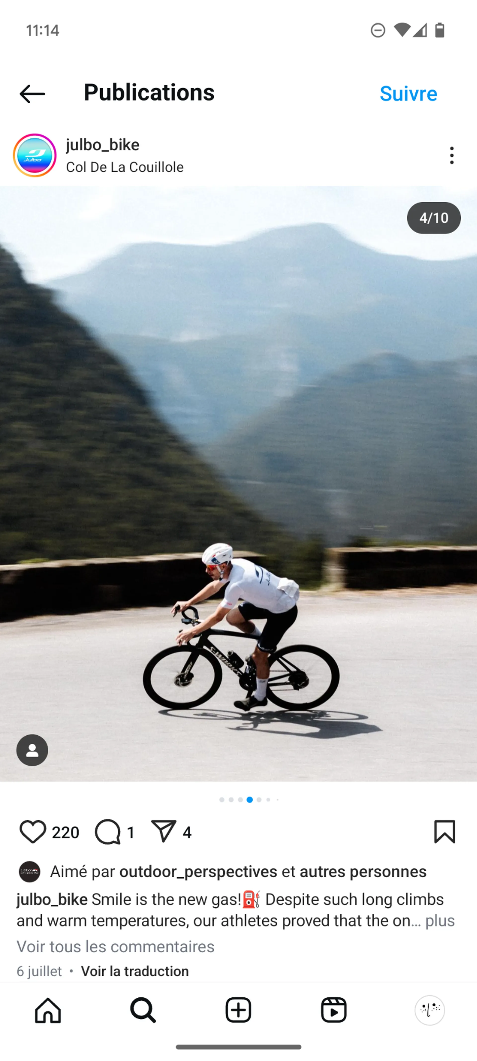 Post instagram montrant un cycliste en pleine course