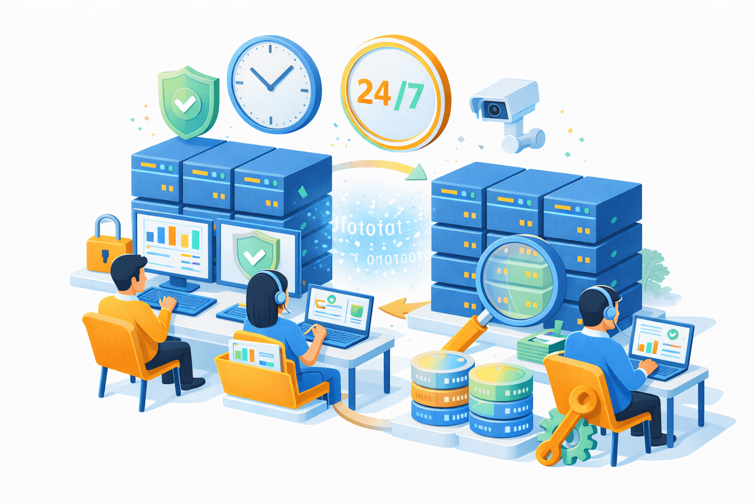Ilustrasi 24/7 secure operations center & continuous data monitoring. Di sisi kiri dan kanan terdapat rak server dengan indikator aktivitas, masing‑masing dilengkapi performance dashboard dan ikon perisai yang menandakan sistem tervalidasi dan aman. Di bagian atas terlihat ikon jam, label 24/7, dan kamera CCTV, melambangkan pemantauan berkelanjutan dan pengawasan keamanan.  Di bagian bawah, beberapa operator/analis bekerja di meja dengan laptop dan headset, memantau grafik kinerja dan status sistem secara real‑time. Elemen kaca pembesar menunjukkan inspeksi mendalam, sementara database stacks, ikon roda gigi, dan kunci merepresentasikan pengolahan data, otomasi, serta kontrol akses. Visual menggambarkan operasi TI yang selalu aktif, aman, dan terintegrasi untuk monitoring, analitik, dan respons insiden end‑to‑end.