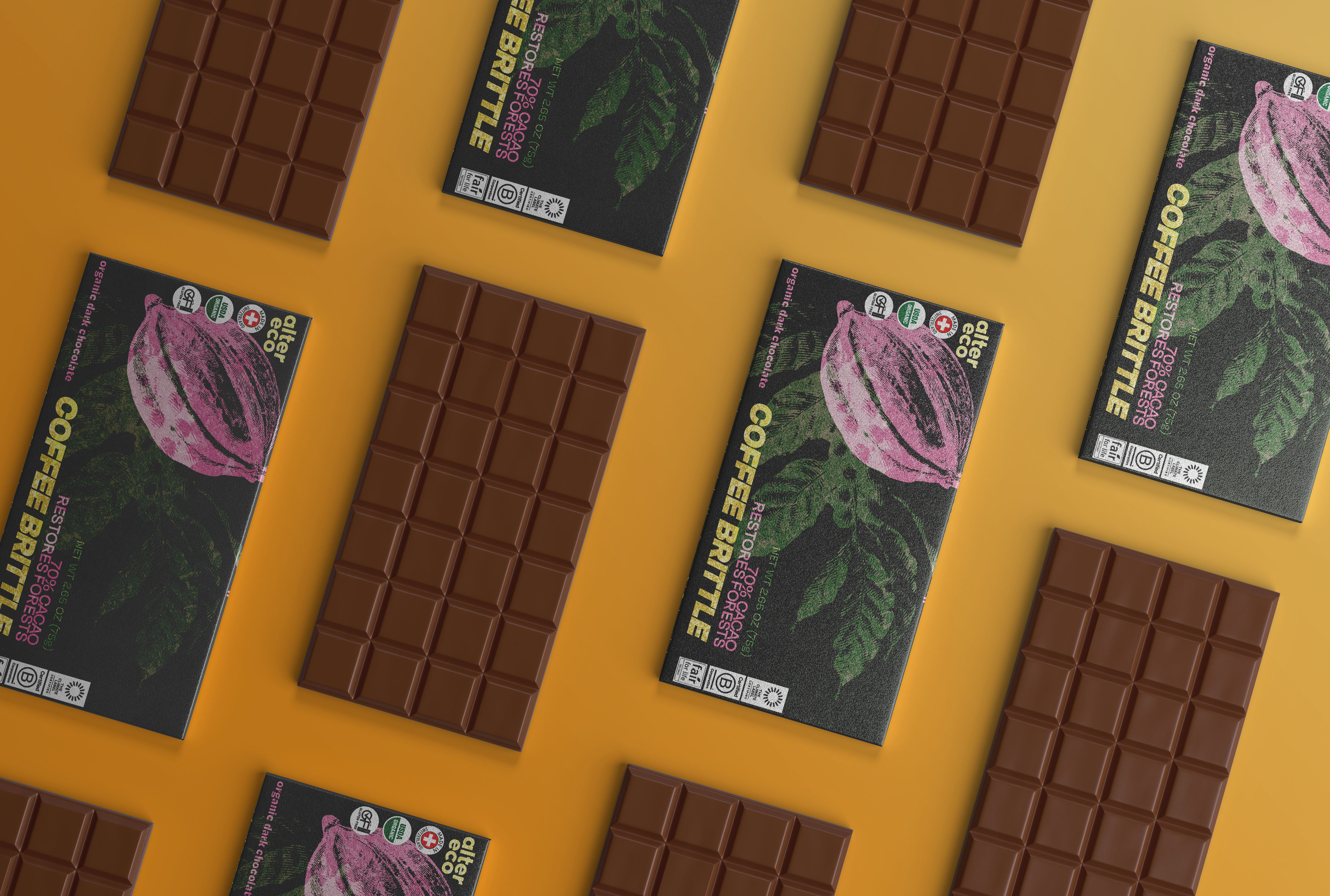 digital mockup of bar next to the chocolate on a yellow background