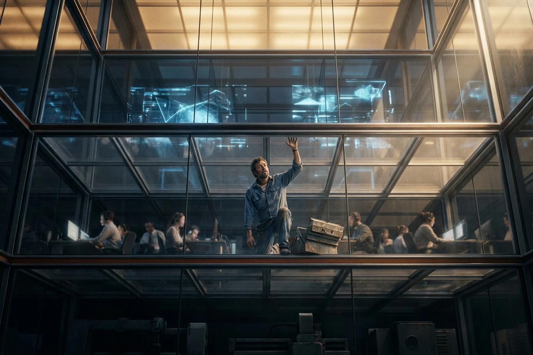 Best answering service for HVAC — contractor stuck on second tier of 4-level glass platform structure representing service evolution from voicemail to hybrid AI