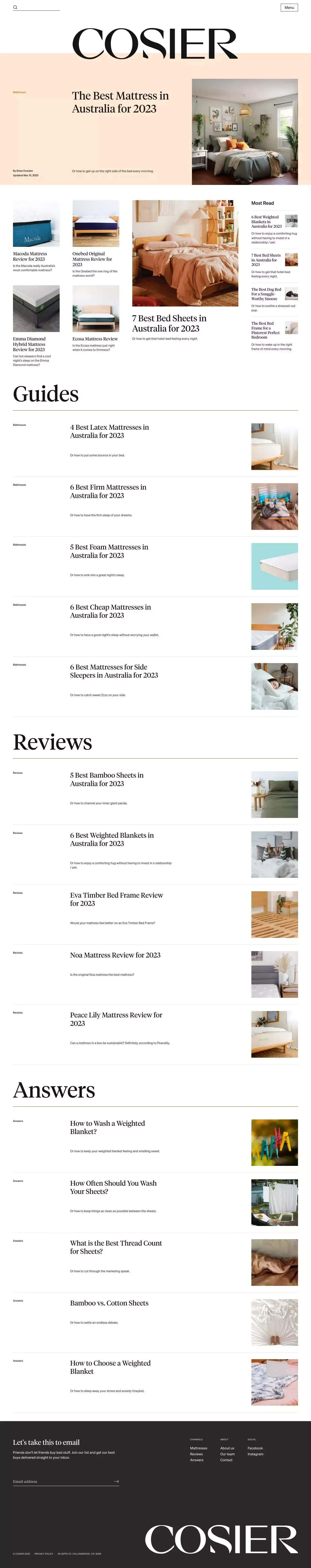 Cosier: The best for sleep blog page screenshot showcasing Furniture & Interiors and Magazine design