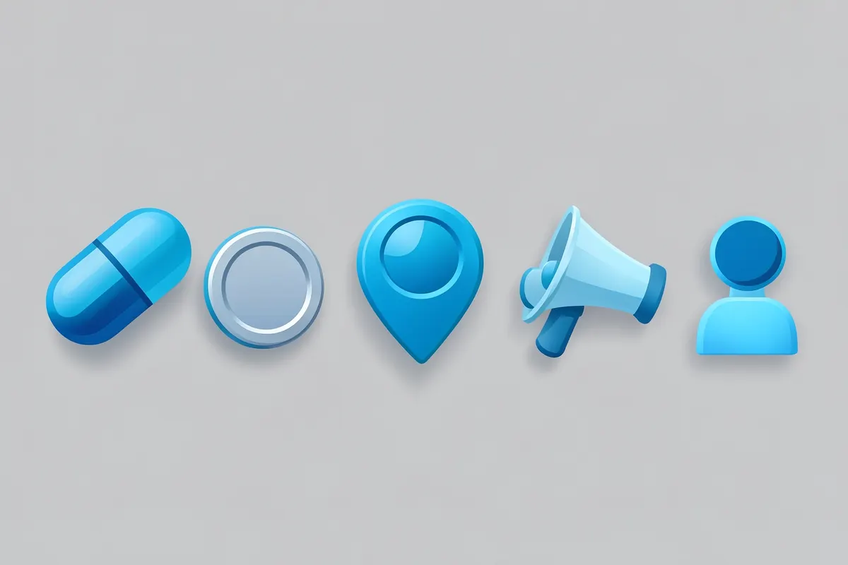 Icons representing the 5 P's of marketing: Product, Price, Place, Promotion, and People.