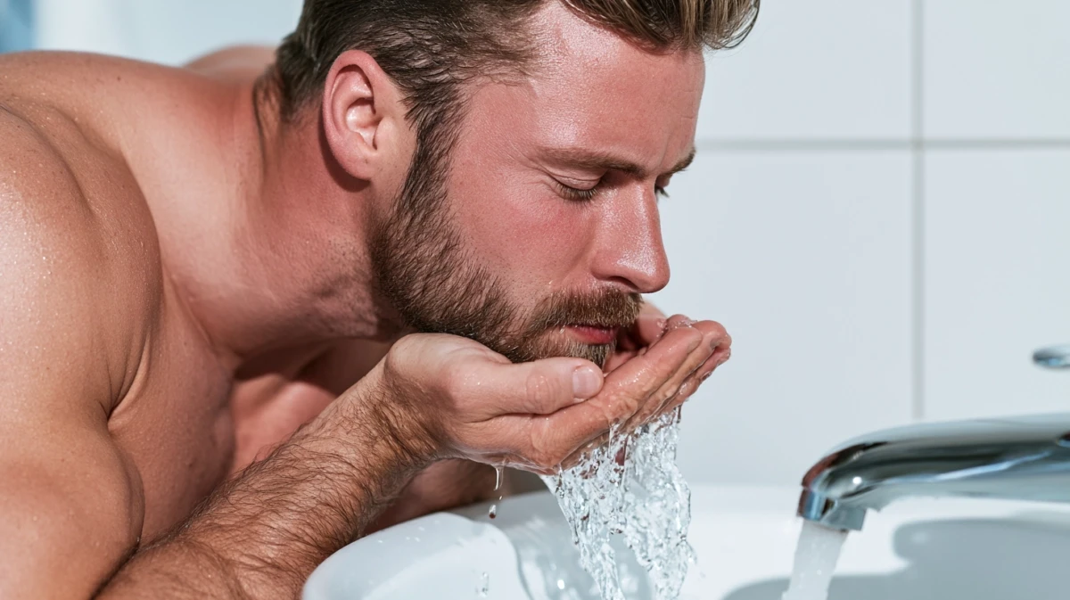 A man splashing cold water on his face at a sink after a session.