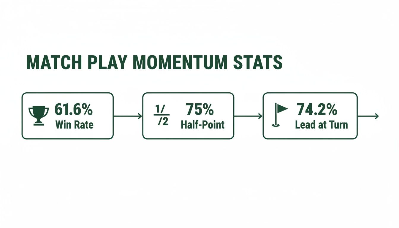 A flowchart displays match play momentum statistics: 61.6% win rate, 75% half-point, and 74.2% lead at turn.