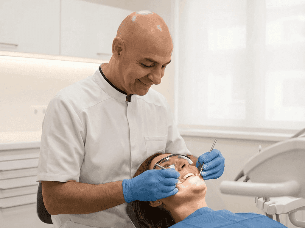 Dentist examining a patient during a gap teeth consultation. 