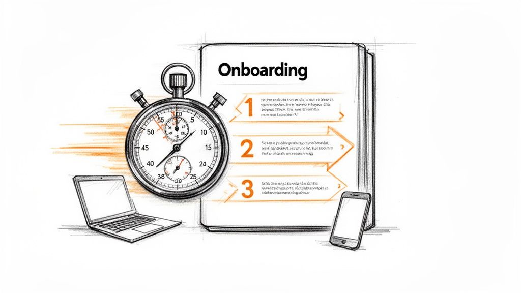 A sketch illustrating an efficient onboarding process with a stopwatch, laptop, smartphone, and numbered steps.