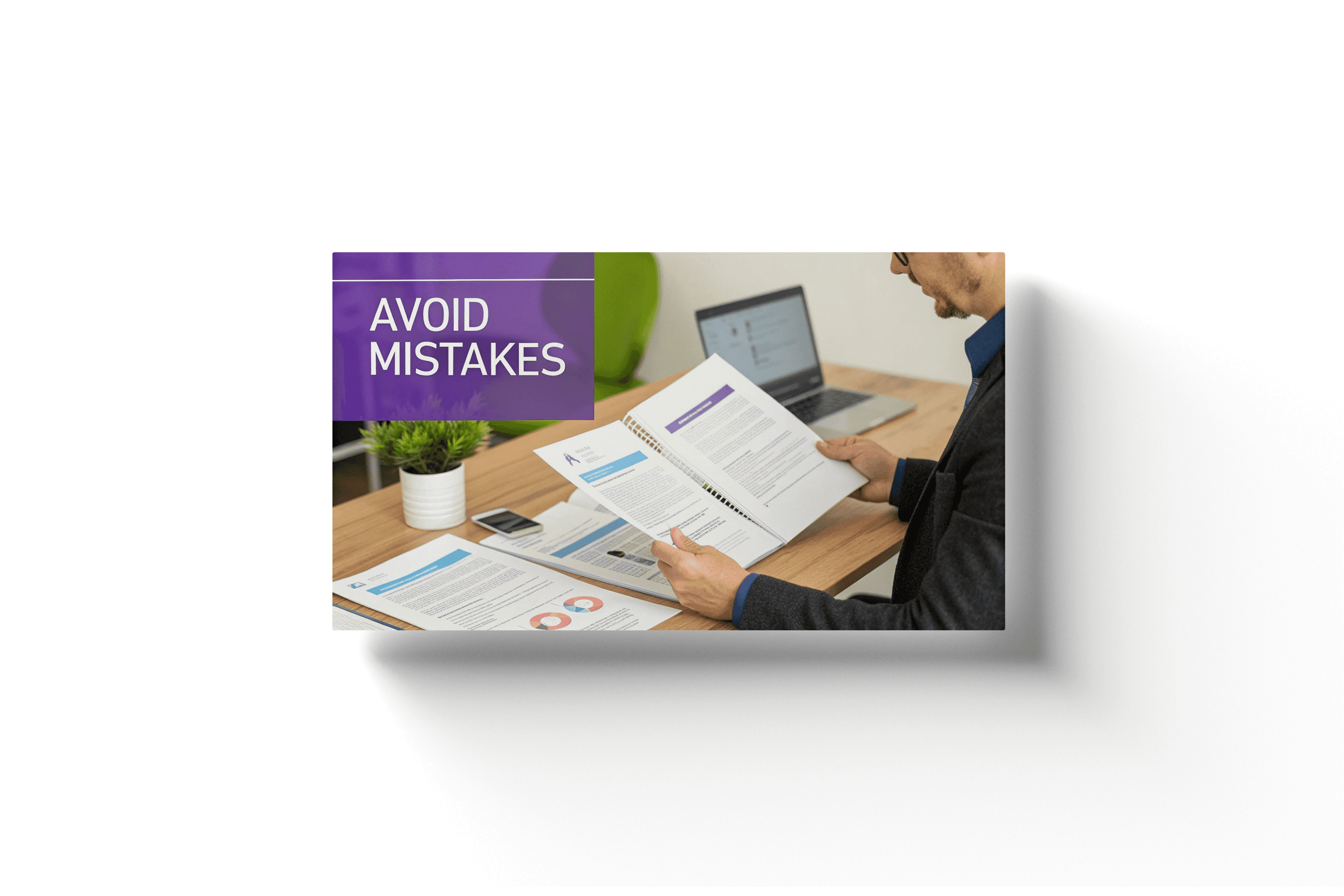 a man reading a paper on a wooden desk with a purple foreground text box displaying 'avoid mistakes'