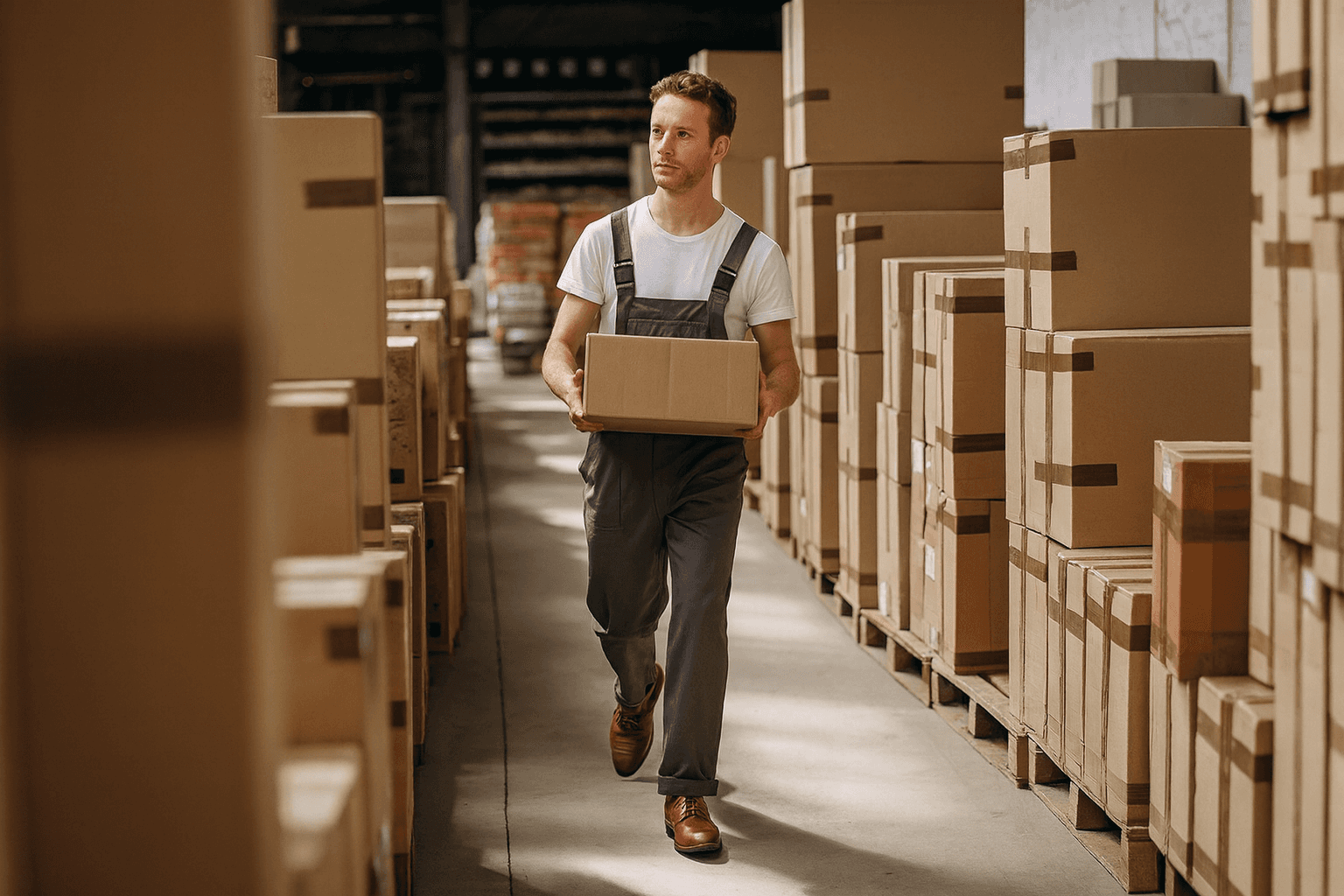 Un employé transportant un carton dans un entrepôt rempli de boîtes, symbolisant les coûts liés au stockage, à la logistique et à la gestion des produits sur la plateforme Amazon.