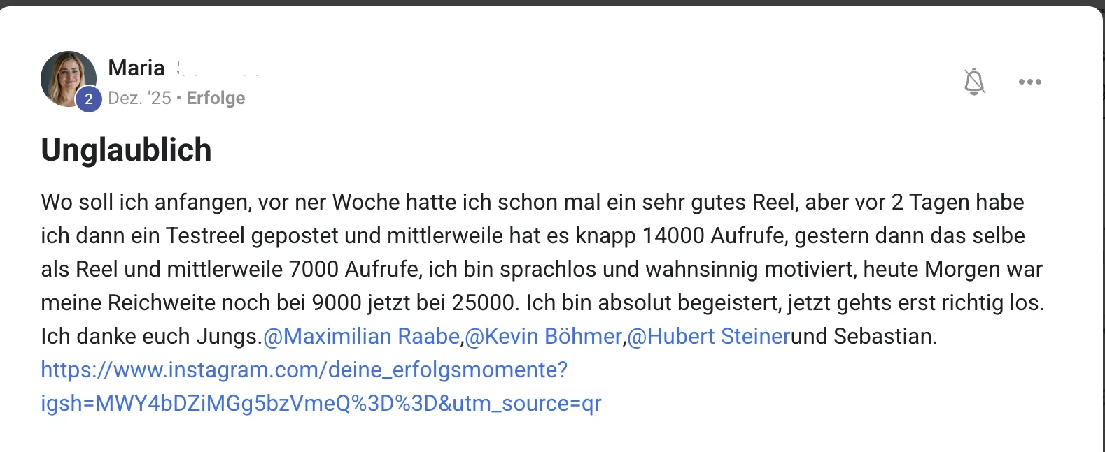 Kundenstimme KI Creator Akademie: Marias Reels explodieren, Reichweite steigt von 9.000 auf 25.000