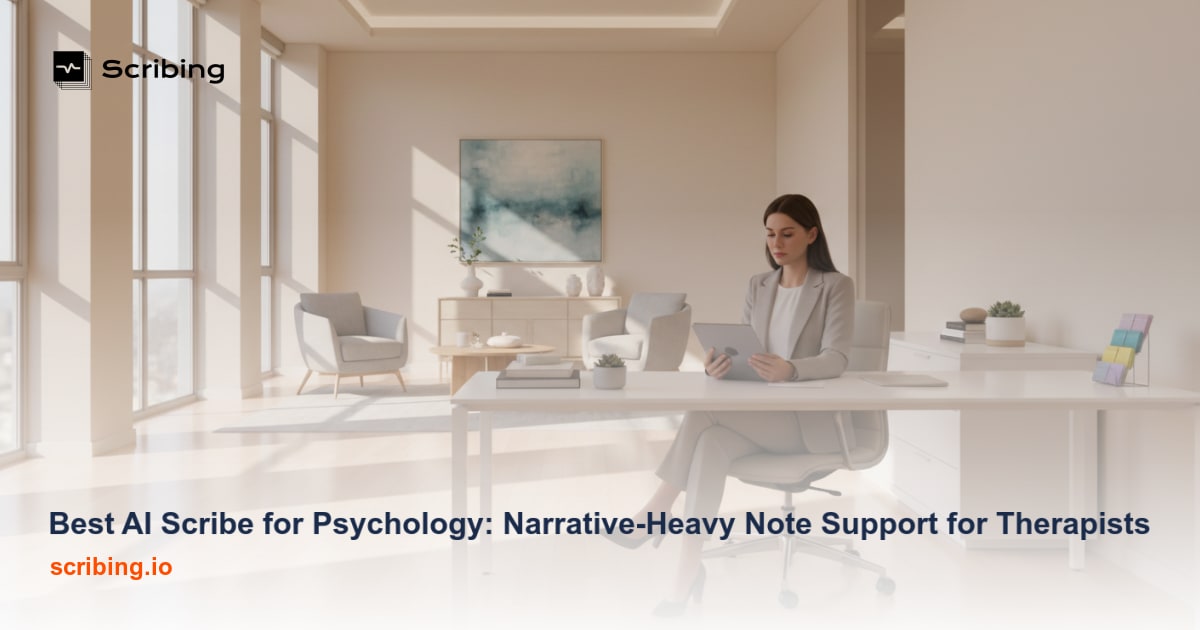 Modern therapy office setting representing AI-powered note-taking support for psychology and psychotherapy sessions