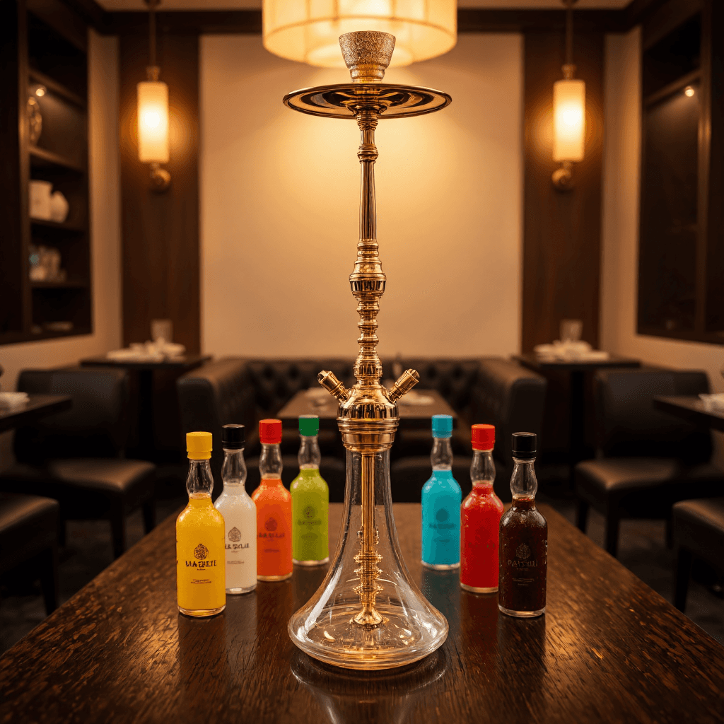 product photography of a hookah with flavored liquid bottles